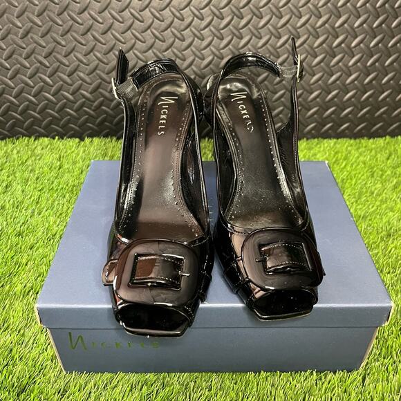 Nickles Black Patent Leather Open Toe Buckle 3'' Heels Womans Size 10 - Picture 2 of 6